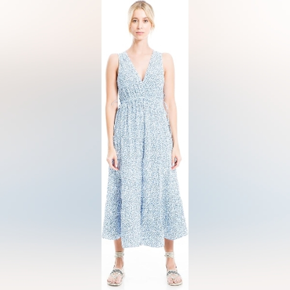 MAX STUDIO• Sleeveless Blue Yellow Floral Print Ruffle Tiered Midi Dress• LARGE